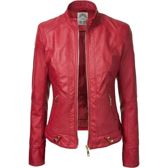 Slim Fit Stylish Vegan Leather Moto Jacket Red - Picture 7 of 7